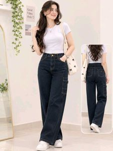 Dark Wash Wide Leg Cargo Jeans