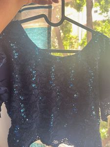 Navy Blue Sequin Embroidered Crop Top