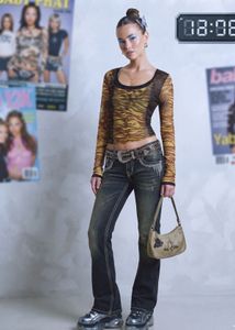 Y2K Tiger Print Mesh Long Sleeve Top