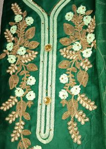Unstitched Dark Green Thread Embroidery Suit