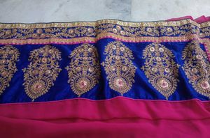 Stunning Pink Saree with Blue &amp; Gold Border