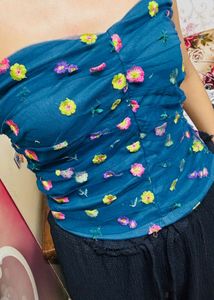 Teal Blue Floral Embroidered Ruched Tube Top