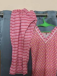 Pink Printed Kurta with V-Neck
