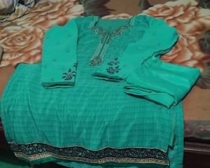 Teal Embroidered shiffon Kurta Set
