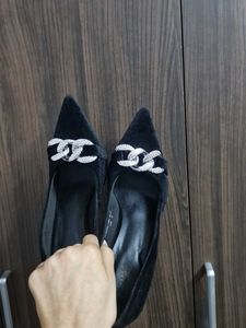 M&amp;S Black Velvet Heels with Rhinestone Buckle