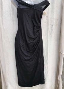 20238. Chic Black Off-Shoulder Ruched Midi Dress