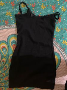 Black Lace Trim Ribbed Slip Dress