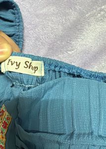 Blue Puff Sleeve Corset Top &amp; Distressed Denim Sho