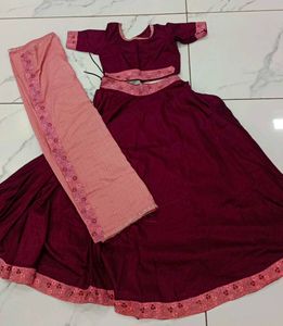 Maroon &amp; Pink Embroidered Lehenga Set