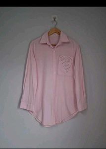 Chic Pink Button-Up Shirt with Embellished Pocket