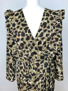 MANGO Ruffle Leopard Wrap Dress Green &amp; Taupe