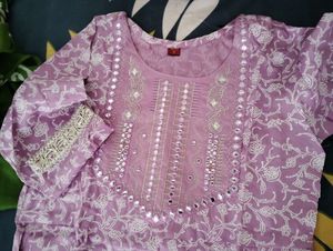 Pure cotton Lavender Floral Mirror Work Kurta Set