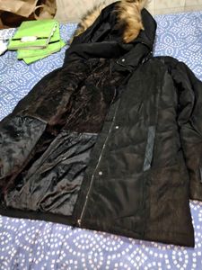 Black Puffer Coat with Faux Fur Hood men or women