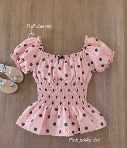 Cute Pink Polka Dot Puff Sleeve Top