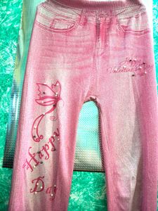 Women's Pink Printed Denim Look Jeggings | Stretch