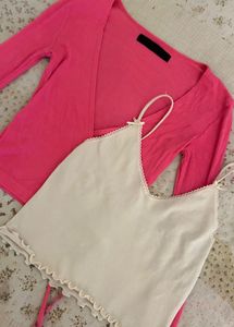 Pink Wrap pilate Top with white lace cami