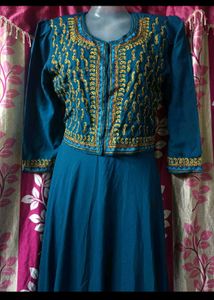 Elegant Teal Gown with Gold Embroidery