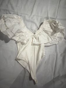 White Ruffle Bodysuit Top