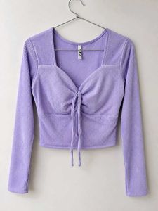 Purple Ribbed Tie-Front Top