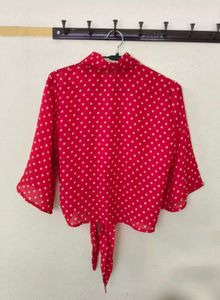 Red Polka Dot Tie-Front Blouse