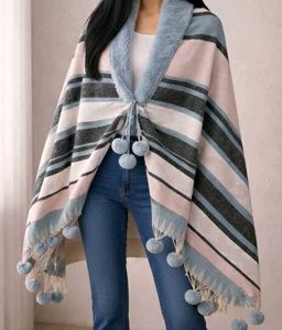 Striped Scarf with Pom-Poms