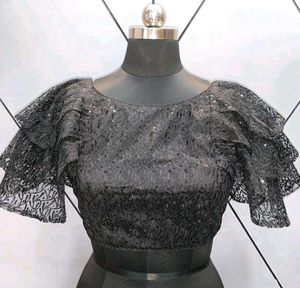 Black Sequined Ruffled Blouse