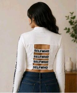 White Crop Top with "SELFWHO" Print