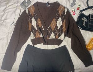 Brown Argyle Cropped Cardigan