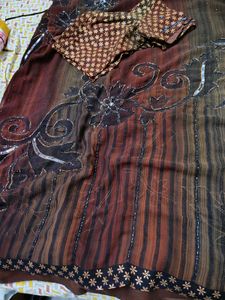 Striped Brown Saree with Blouse