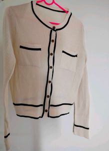 ⚡Elegant Cream Ribbed Cardigan with Black Trim