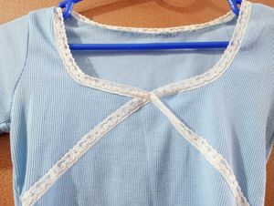 Light Blue Lace Trim Cropped Top