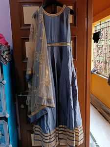 Elegant Grey &amp; Gold Anarkali Dress