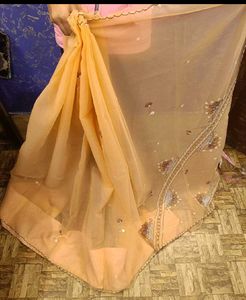 Elegant Embroidered Peach Chiffon Saree
