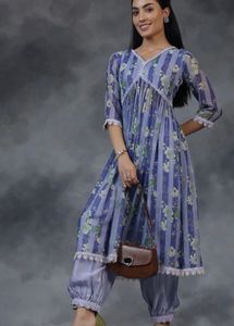 Stylish Blue Floral Striped Kurta Set