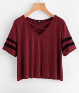 Maroon V-Neck Striped Sleeve Top