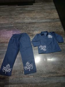 Denim Kurta Set with Leaf Print