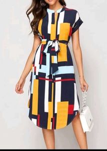 Abstract Print Belted Shirt Dress Geometric prin
