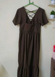 Elegant Brown Maxi Dress with Lace-Up Detail