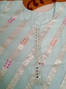 Light Blue Striped Kurta with Embellishments