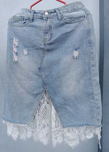 Distressed Denim Skirt with Lace Trim