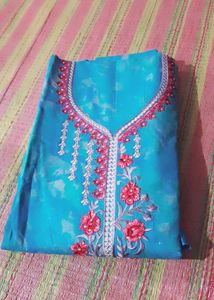 cyan +red Tie-Dye Kurta with Embroidery