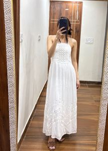 White Lace-detailing Strappy Cotton Maxi Dress