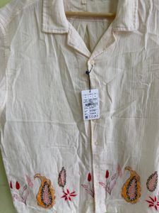 Men's Cream Embroidered Short Sleeve Shirt