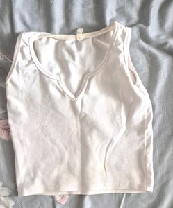 White Ribbed Notched Neck Tank Top