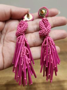 Pink Beaded Tassel Statement Earrings