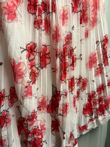 White and Pink pleated Floral Midi Skirt