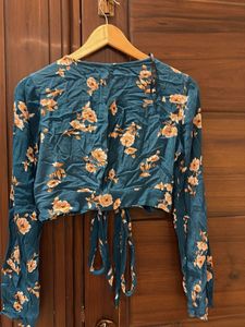 Teal Floral Tie Front Crop Top