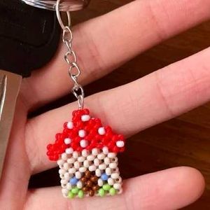 Beaded Mushroom House Keychain