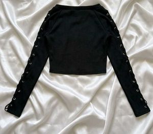 Black Lace-Up Sleeve Crop Top