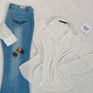 Y2k Pinteresty Cream Embellished Collar Blouse